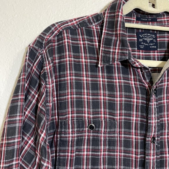 Lucky Brand Mens Shirt Size Large Classic Fit Plaid Black Red Button Front - Picture 3 of 7